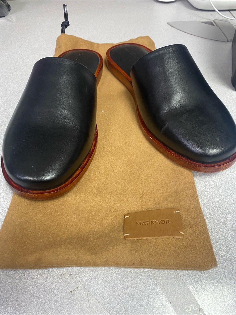 Mark hot Black Leather Slide Loafers with Brown Soles